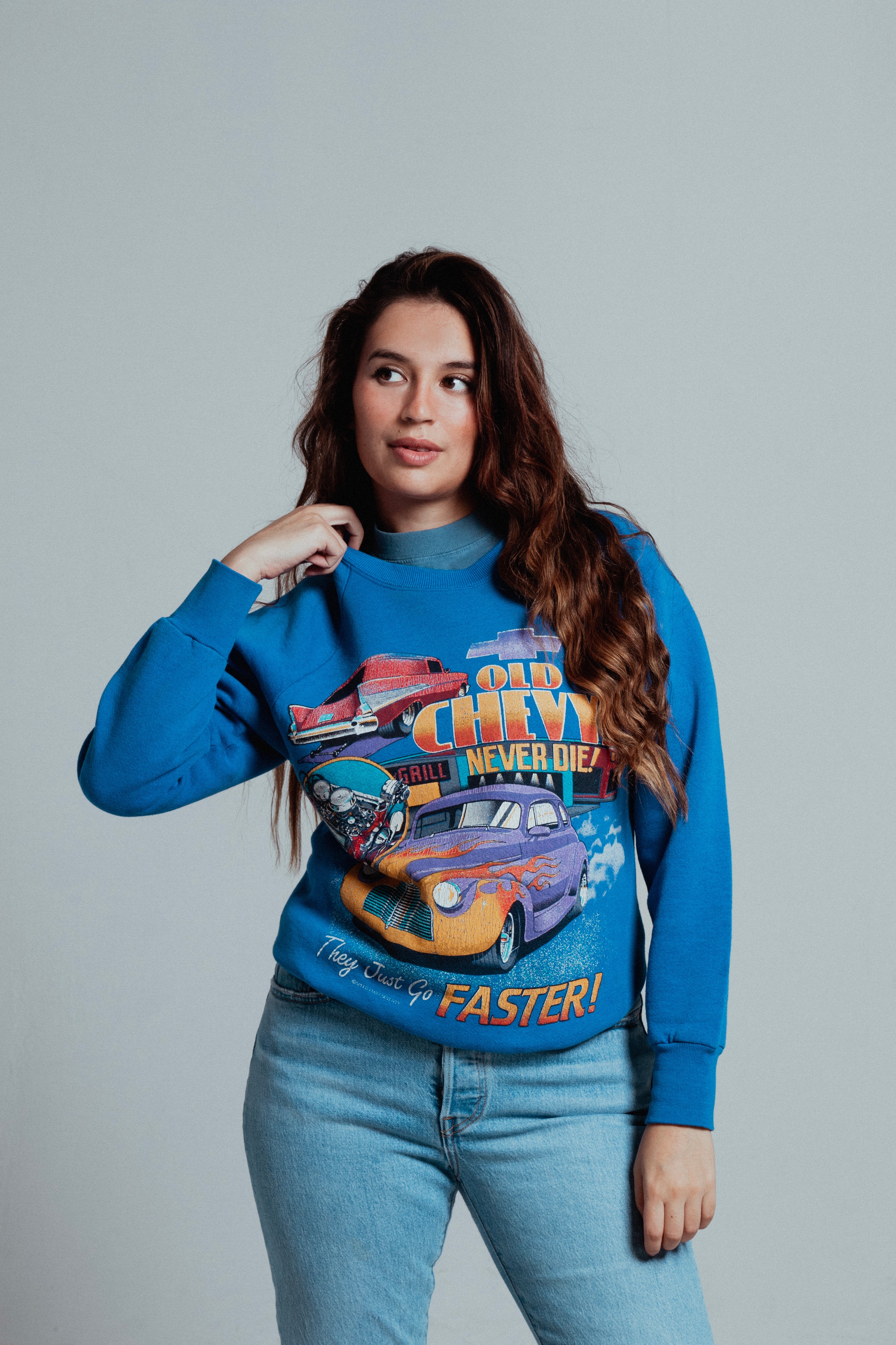 OLD CHEVYS NEVER DIE BLUE CREWNECK