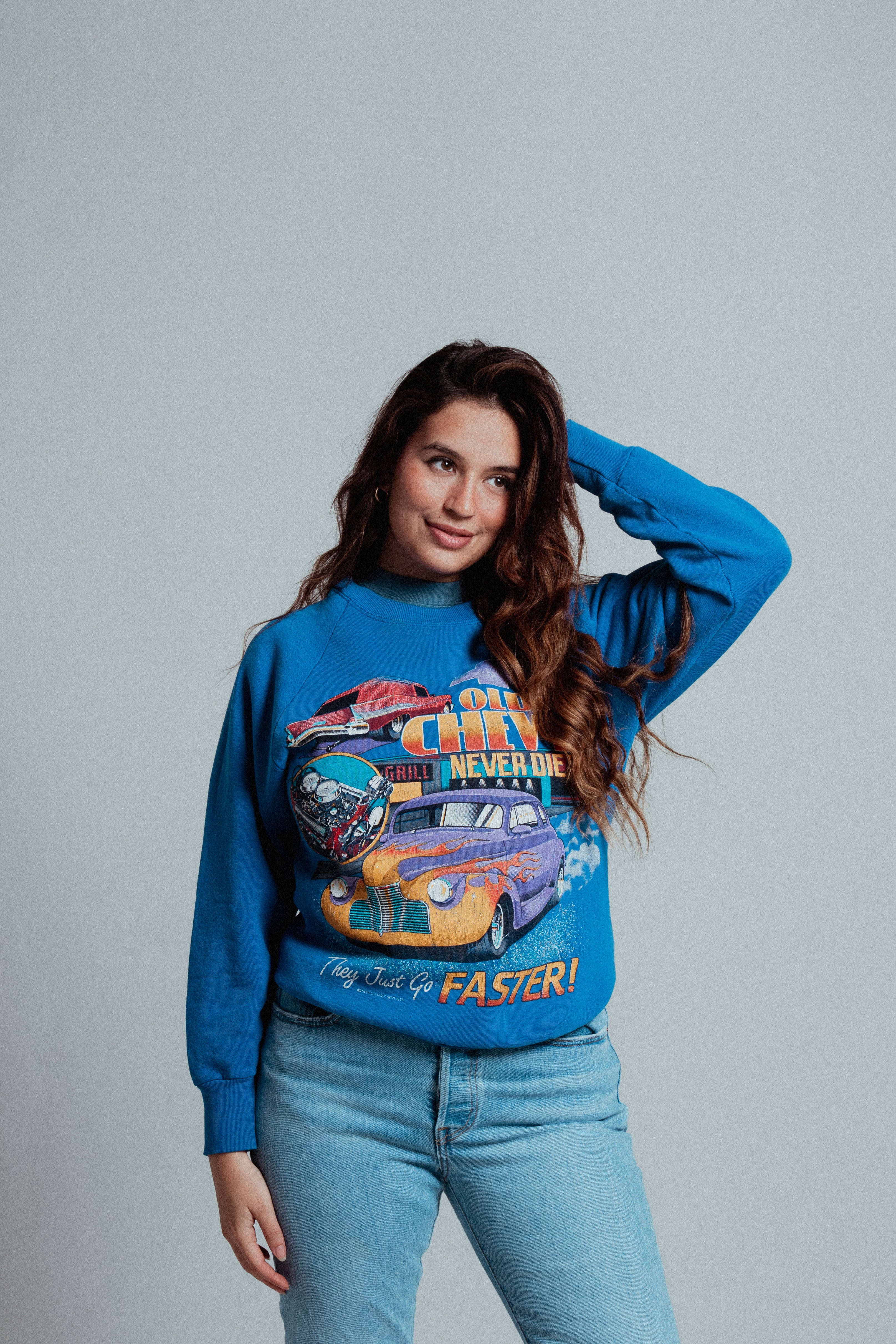 OLD CHEVYS NEVER DIE BLUE CREWNECK