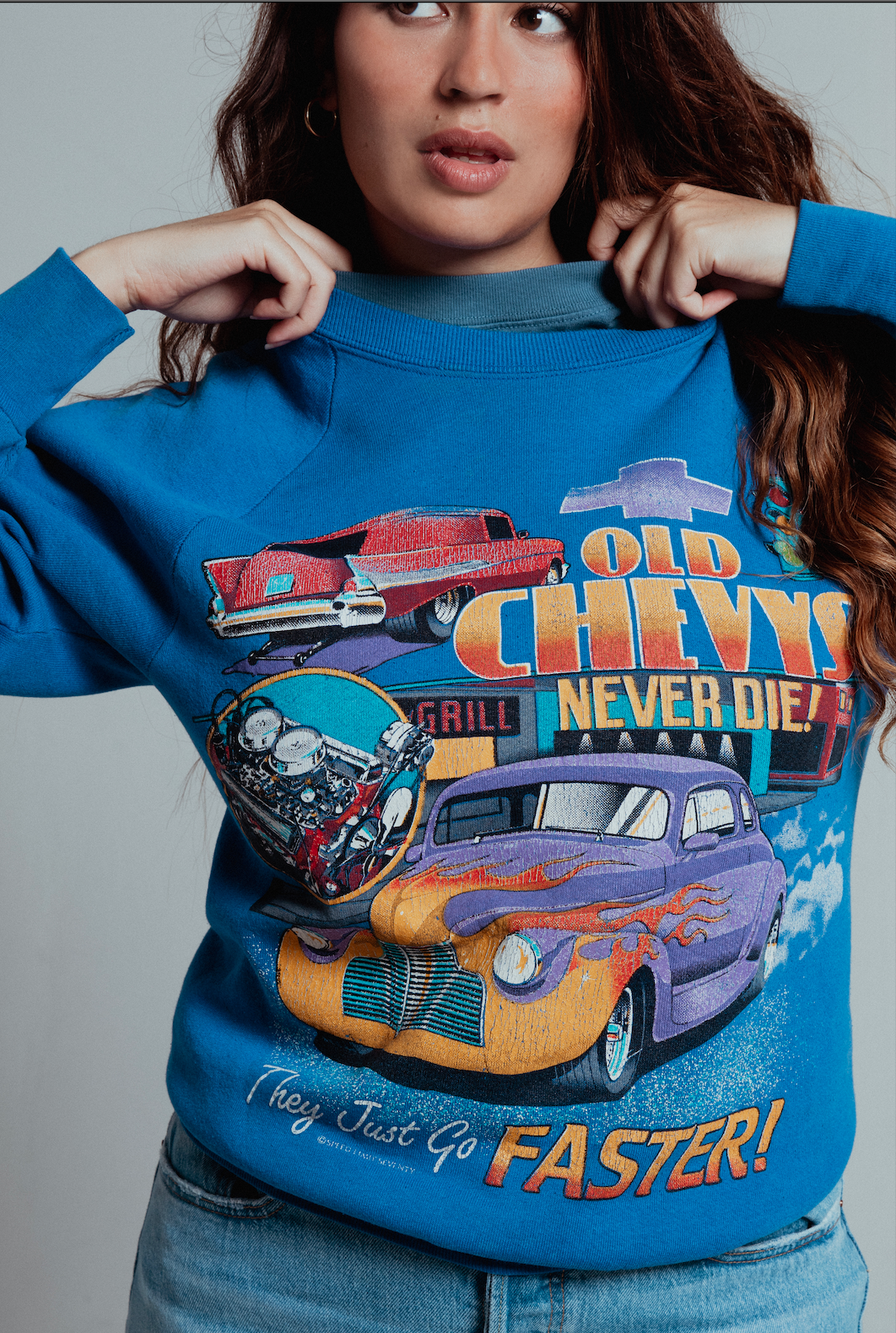 OLD CHEVYS NEVER DIE BLUE CREWNECK